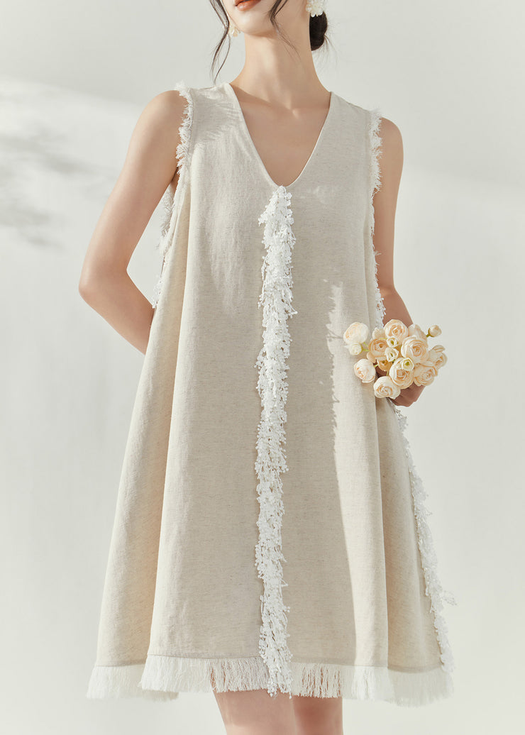 Vintage Beige V Neck Tassel Vacation Mid Dresses Sleeveless