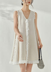 Vintage Beige V Neck Tassel Vacation Mid Dresses Sleeveless