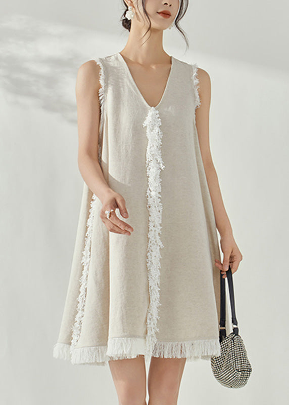 Vintage Beige V Neck Tassel Vacation Mid Dresses Sleeveless