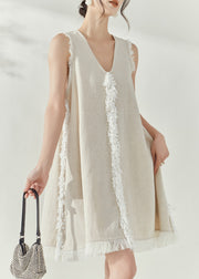 Vintage Beige V Neck Tassel Vacation Mid Dresses Sleeveless