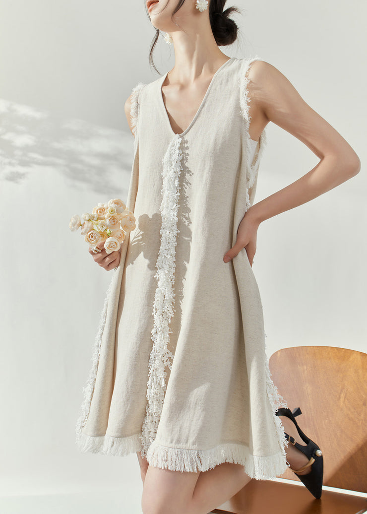 Vintage Beige V Neck Tassel Vacation Mid Dresses Sleeveless