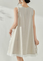 Vintage Beige V Neck Tassel Vacation Mid Dresses Sleeveless
