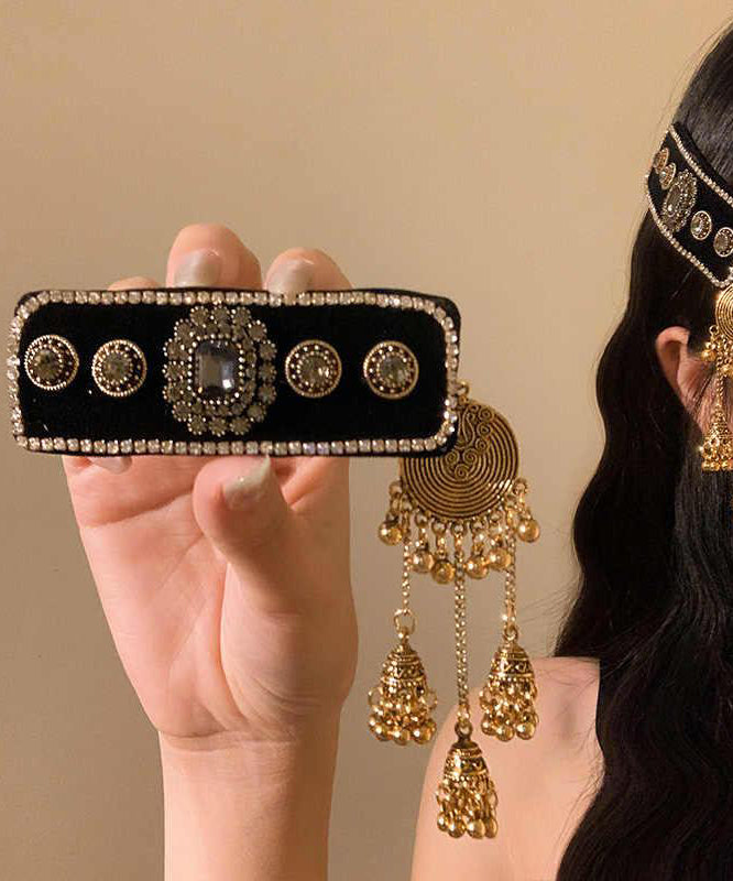 Vintage Black Alloy Acrylic Zircon Bell Tassel Hairpin