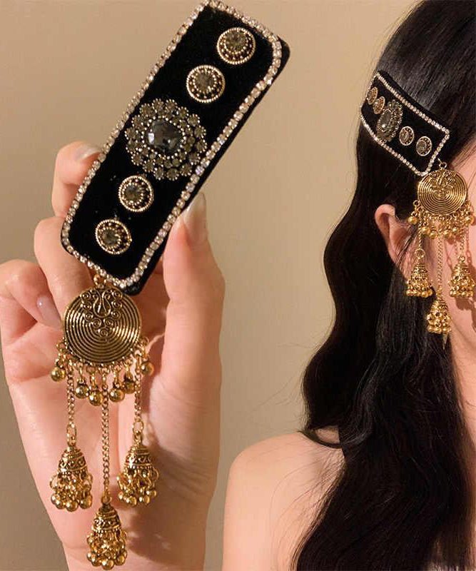 Vintage Black Alloy Acrylic Zircon Bell Tassel Hairpin