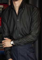 Vintage Black Button Solid Denim Shirts Men Fall
