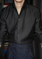 Vintage Black Button Solid Denim Shirts Men Fall