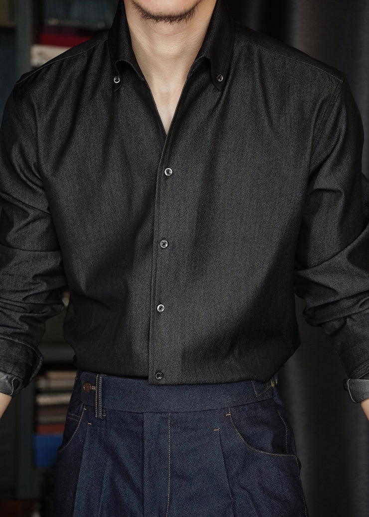 Vintage Black Button Solid Denim Shirts Men Fall