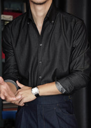 Vintage Black Button Solid Denim Shirts Men Fall