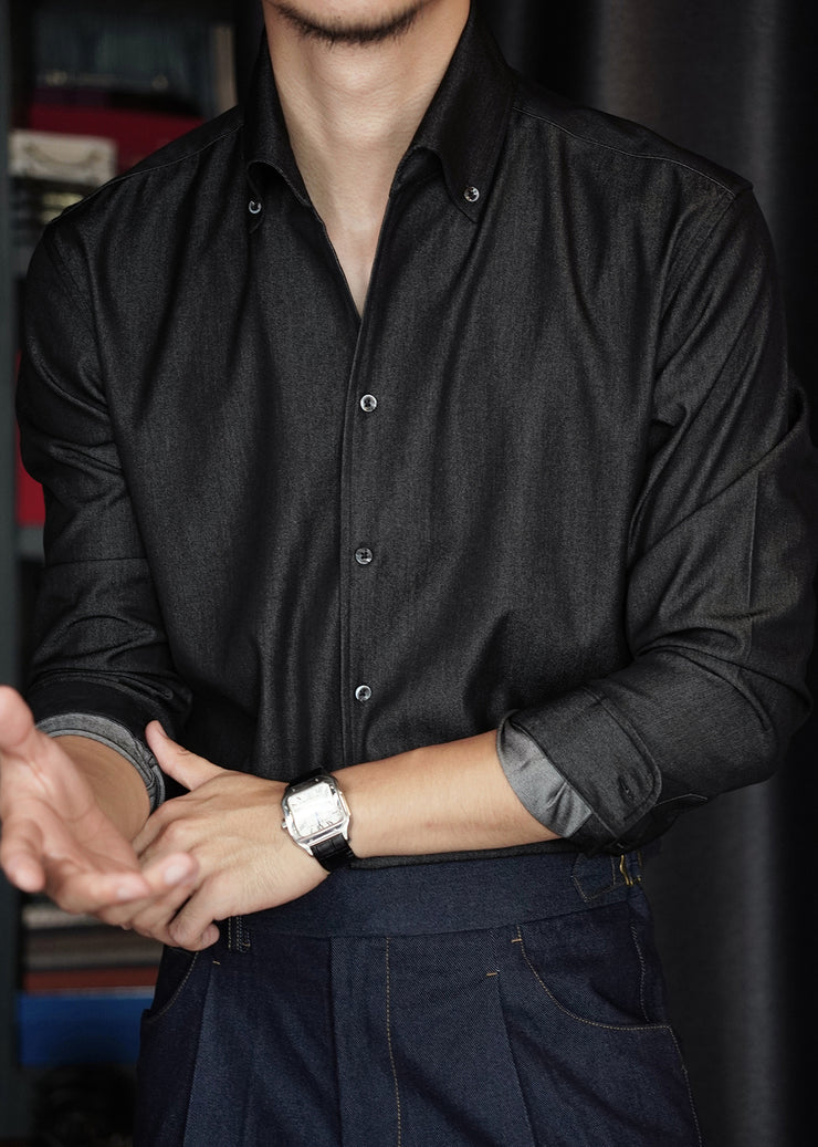 Vintage Black Button Solid Denim Shirts Men Fall