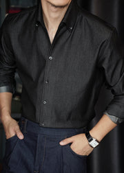 Vintage Black Button Solid Denim Shirts Men Fall