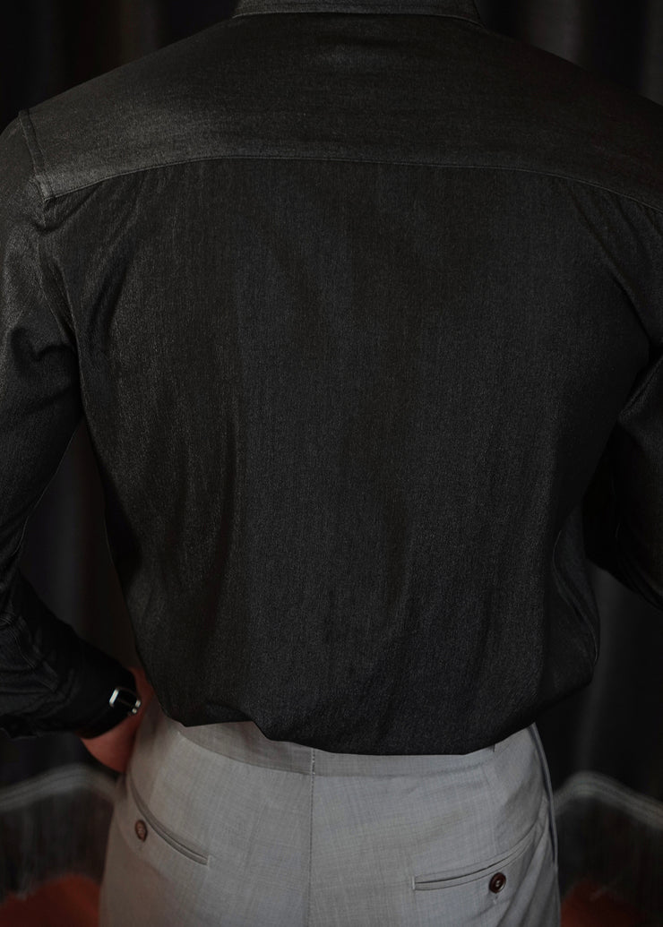 Vintage Black Button Solid Denim Shirts Men Fall
