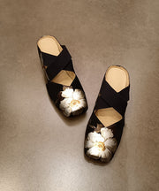 Vintage Black Cowhide Leather Floral Splicing Slide Sandals