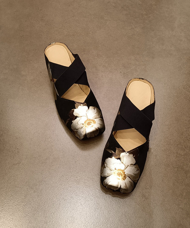 Vintage Black Cowhide Leather Floral Splicing Slide Sandals