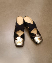 Vintage Black Cowhide Leather Floral Splicing Slide Sandals