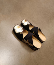 Vintage Black Cowhide Leather Floral Splicing Slide Sandals