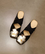 Vintage Black Cowhide Leather Floral Splicing Slide Sandals