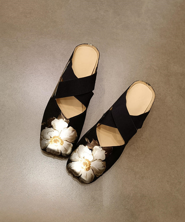 Vintage Black Cowhide Leather Floral Splicing Slide Sandals