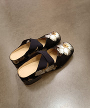 Vintage Black Cowhide Leather Floral Splicing Slide Sandals