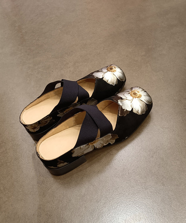 Vintage Black Cowhide Leather Floral Splicing Slide Sandals