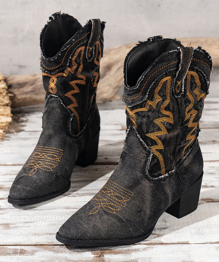 Vintage Black Embossed Boots Splicing Cowboy Chunky Boots