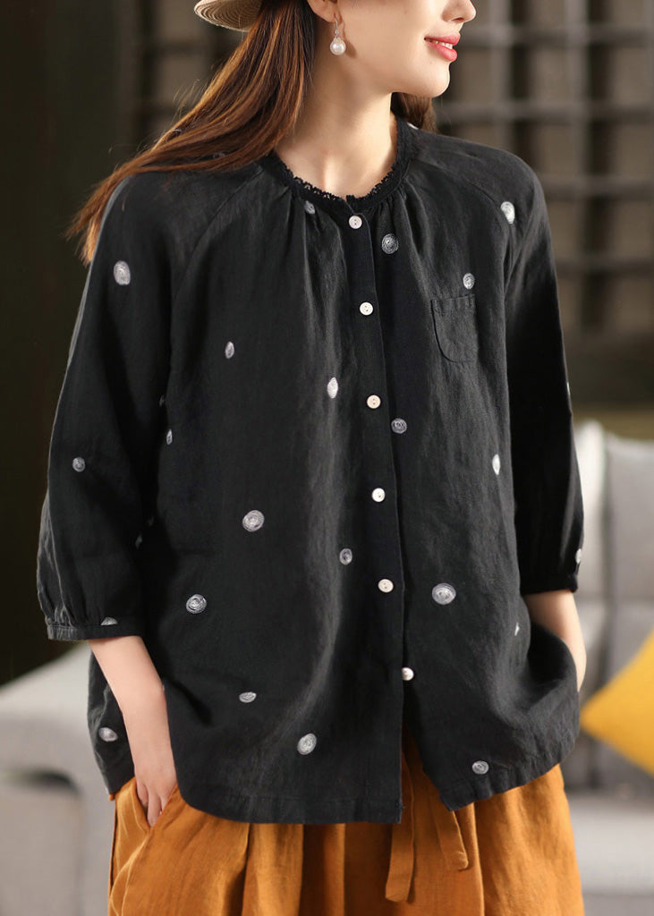 Vintage Black Embroidered Button Linen Blouse Top Summer