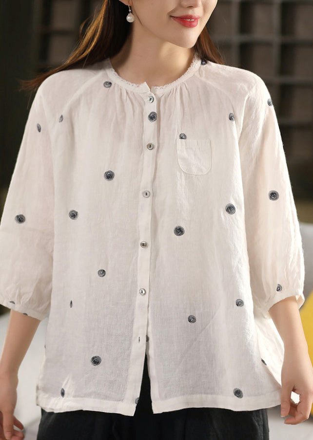 Vintage Black Embroidered Button Linen Blouse Top Summer