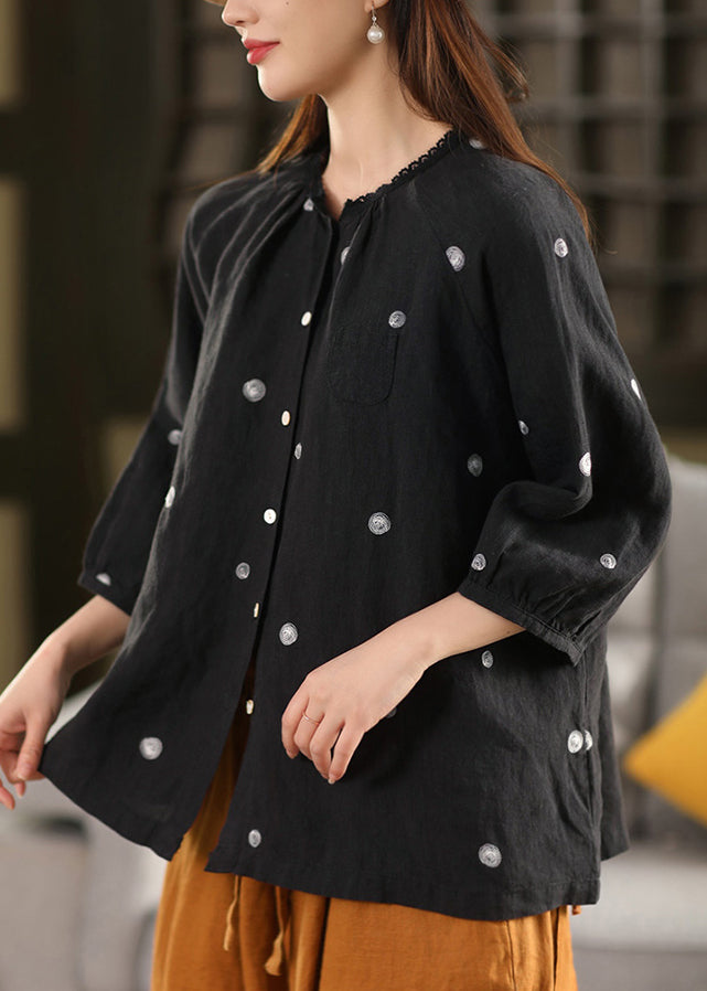 Vintage Black Embroidered Button Linen Blouse Top Summer