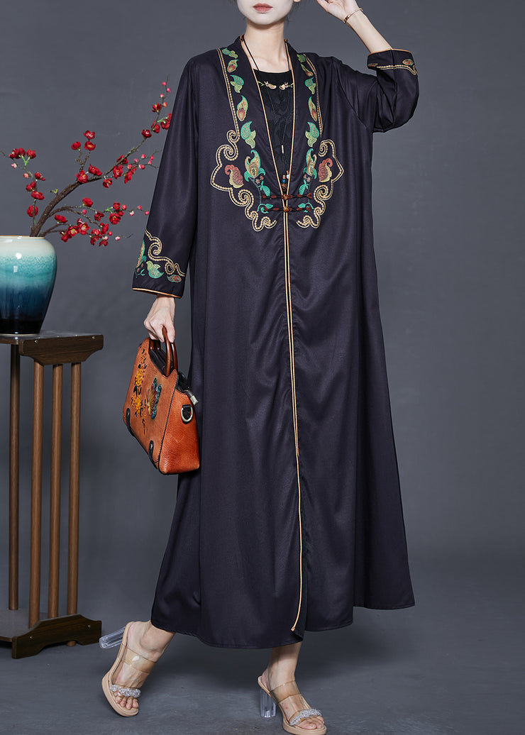 Vintage Black Embroidered Chinese Button Silk Two Pieces Set Spring