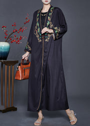 Vintage Black Embroidered Chinese Button Silk Two Pieces Set Spring