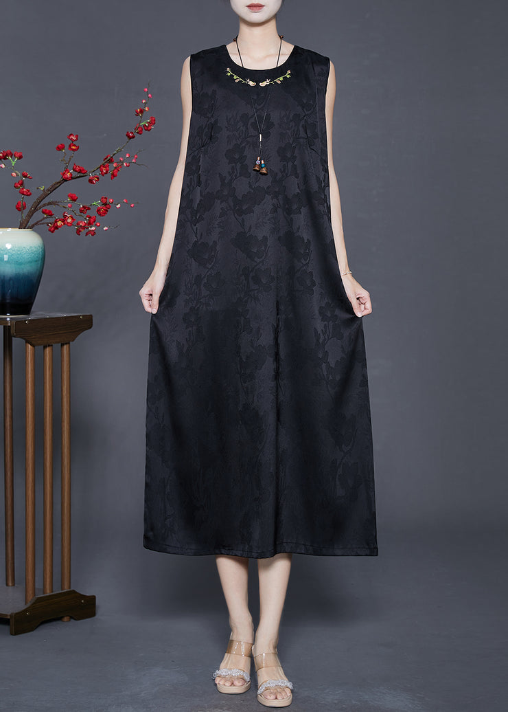 Vintage Black Embroidered Chinese Button Silk Two Pieces Set Spring