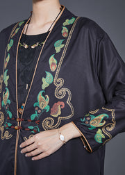 Vintage Black Embroidered Chinese Button Silk Two Pieces Set Spring