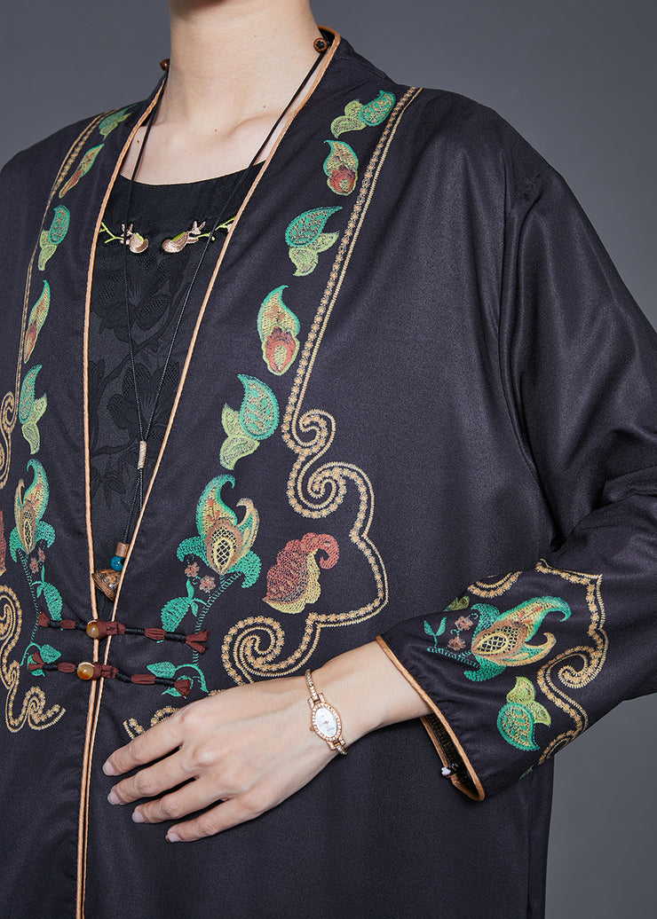 Vintage Black Embroidered Chinese Button Silk Two Pieces Set Spring