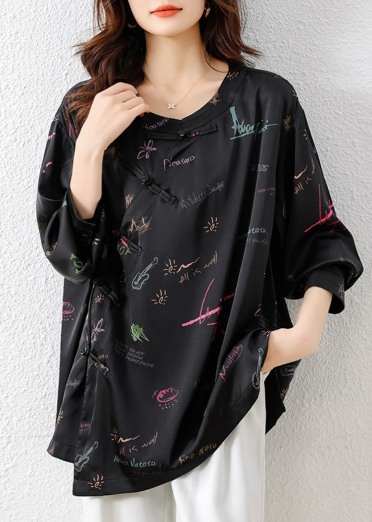 Vintage Black Embroidered Print Silk Oriental Blouses Fall