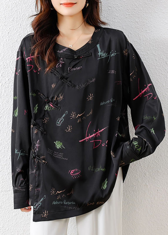 Vintage Black Embroidered Print Silk Oriental Blouses Fall