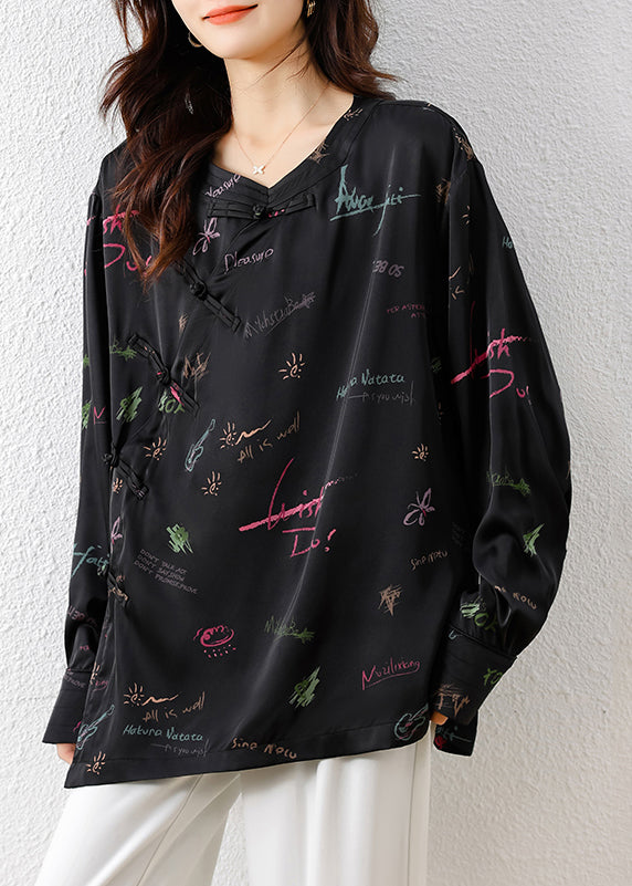 Vintage Black Embroidered Print Silk Oriental Blouses Fall