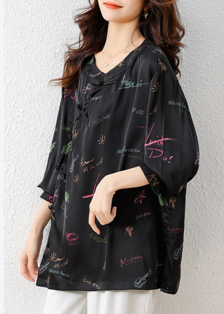 Vintage Black Embroidered Print Silk Oriental Blouses Fall