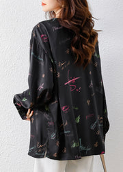 Vintage Black Embroidered Print Silk Oriental Blouses Fall