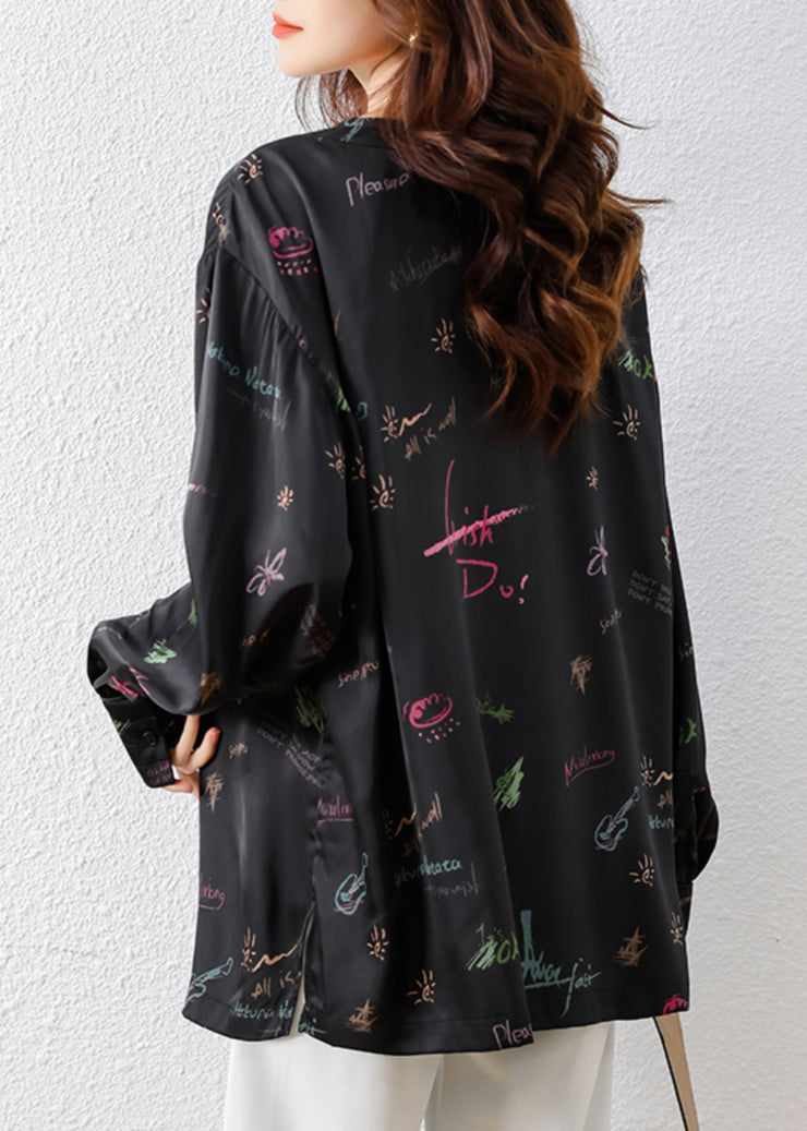 Vintage Black Embroidered Print Silk Oriental Blouses Fall