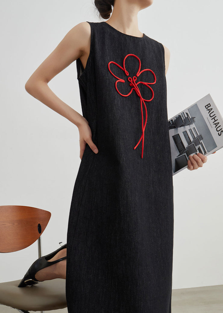 Vintage Black Embroidered Zippered Denim Dresses Sleeveless