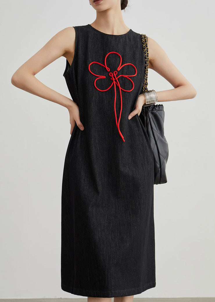Vintage Black Embroidered Zippered Denim Dresses Sleeveless