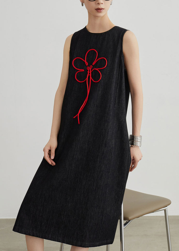 Vintage Black Embroidered Zippered Denim Dresses Sleeveless