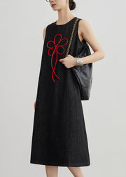 Vintage Black Embroidered Zippered Denim Dresses Sleeveless