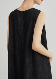 Vintage Black Embroidered Zippered Denim Dresses Sleeveless