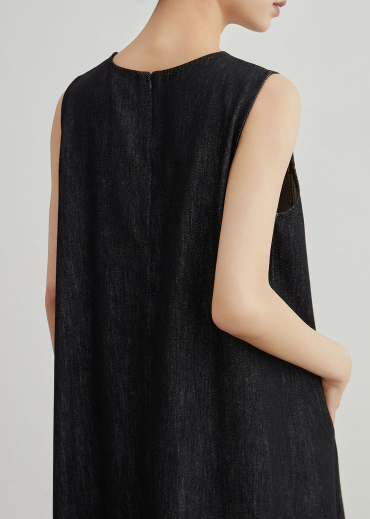 Vintage Black Embroidered Zippered Denim Dresses Sleeveless