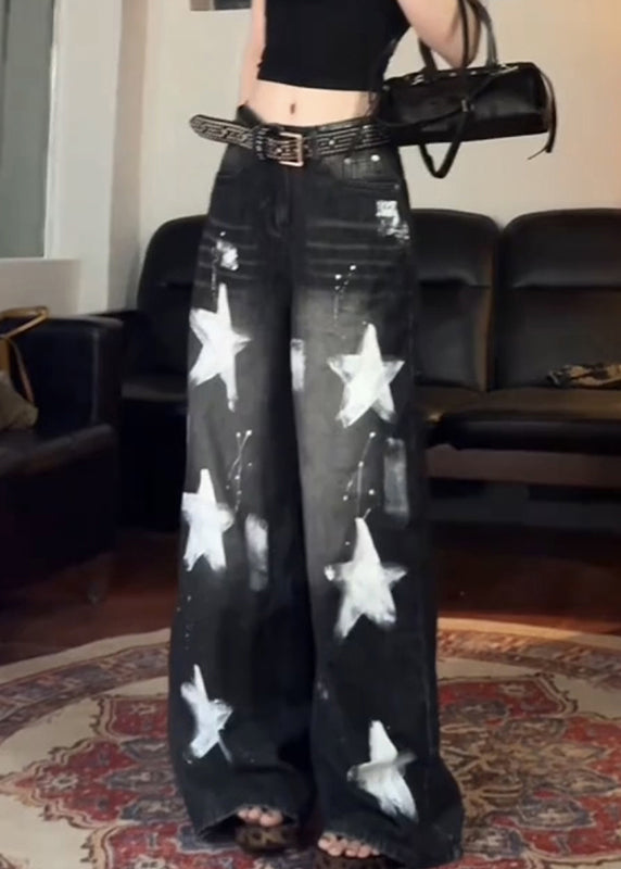 Vintage Black Five Pointed Star High Waist Denim Wide Leg Pants Fall