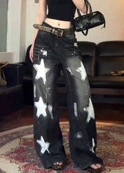Vintage Black Five Pointed Star High Waist Denim Wide Leg Pants Fall