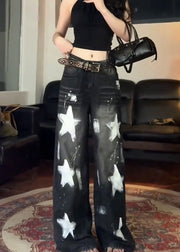 Vintage Black Five Pointed Star High Waist Denim Wide Leg Pants Fall