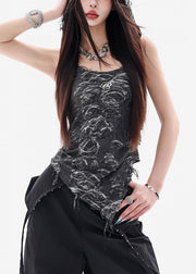 Vintage Black Hooded Hole Cotton Tops Sleeveless