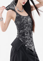 Vintage Black Hooded Hole Cotton Tops Sleeveless