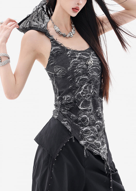 Vintage Black Hooded Hole Cotton Tops Sleeveless
